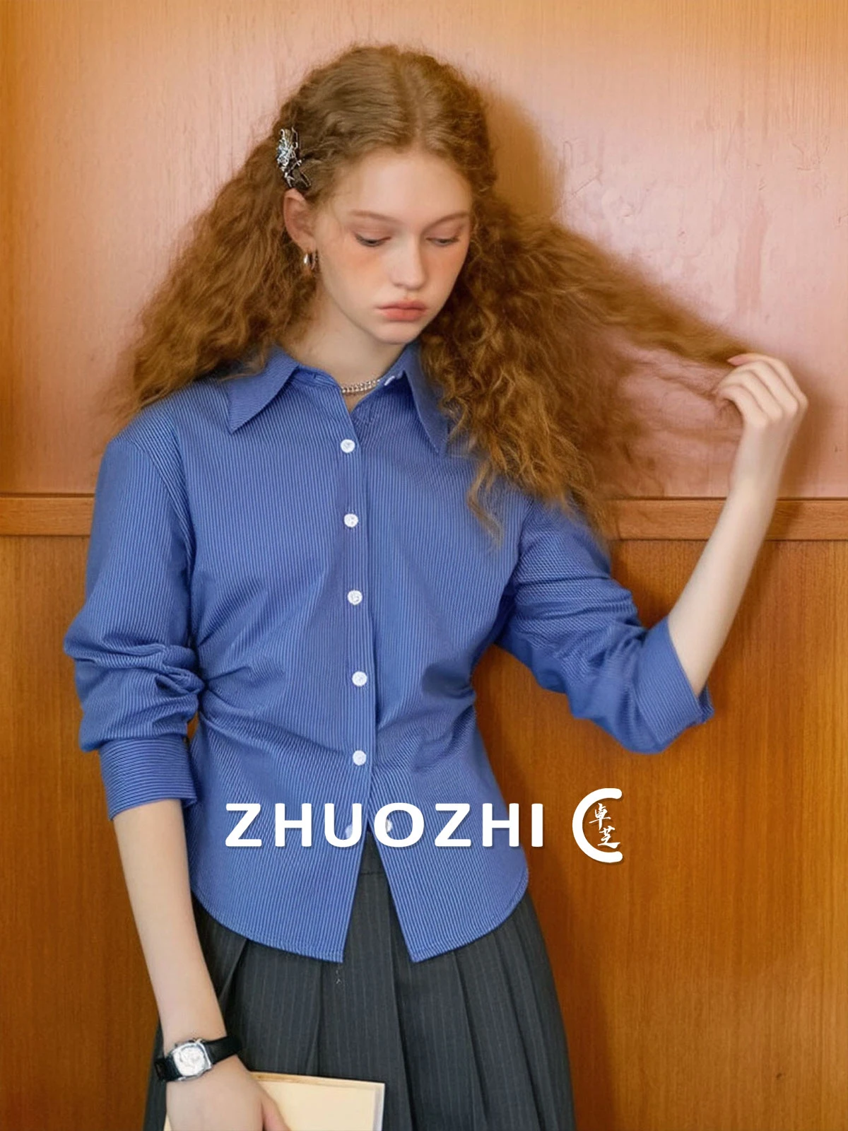 

ZhuoZhi Intellectual Style Retro Plaid Long Sleeve Slimming Waist Design Women's Casual Shirt High Intelligence Sensation
