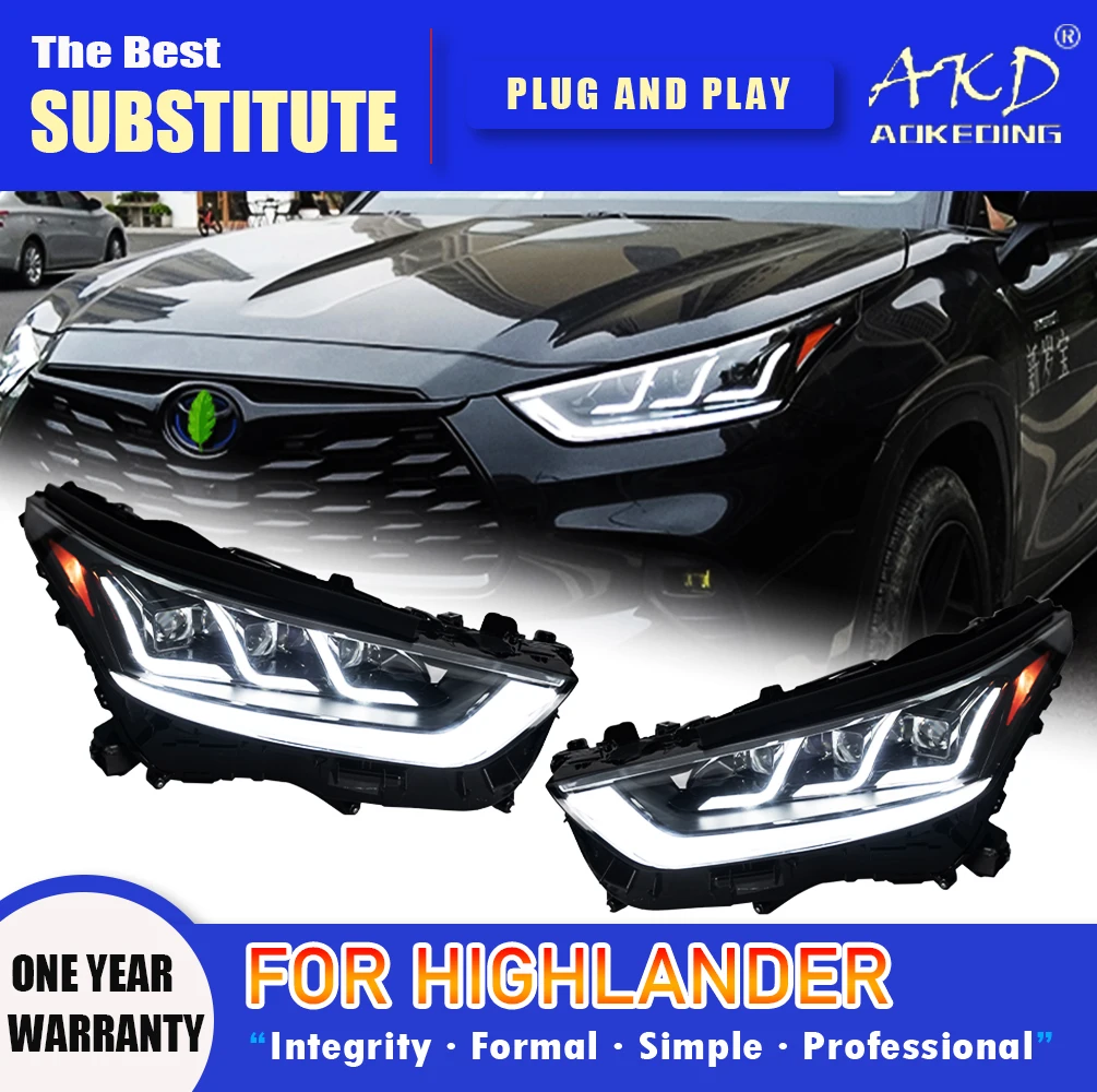 AKD Head Lamp for Toyota Highlander LED Headlight 2021-2022 Headlights DRL Turn Signal High Beam Angel Eye Projector Lens