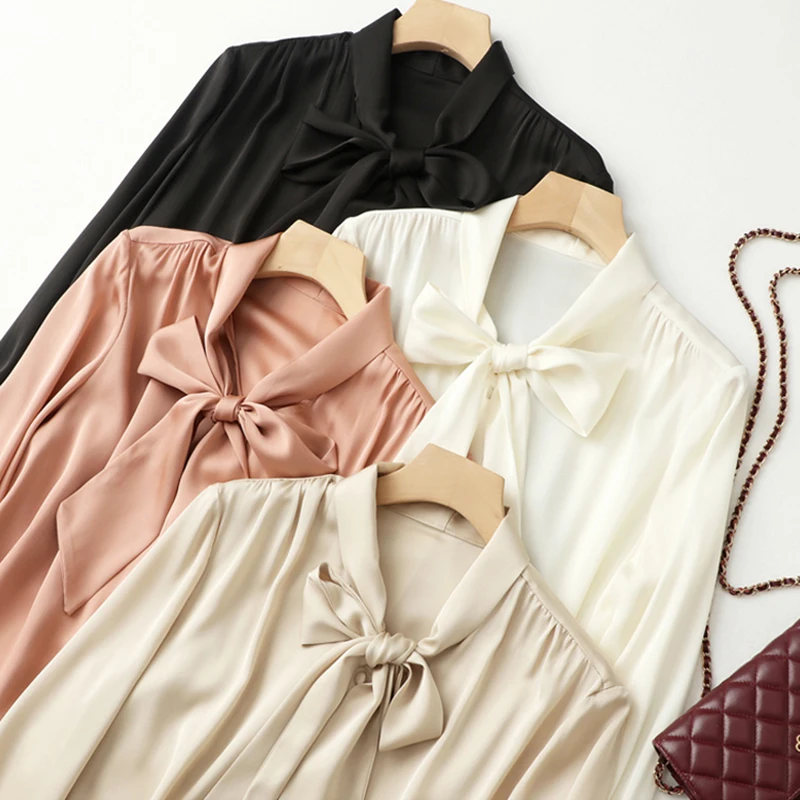 

Real Silk Ribbon Bow Blouse White Bottoming Shirt for Women 2025 Fall Office Ladies Mulberry Silk Long-sleeved Casual Shirt Tops