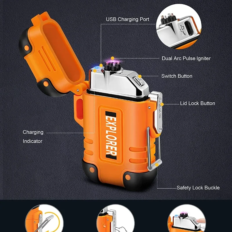 Encendedor de doble arco impermeable, encendedor de Plasma recargable por USB a prueba de viento, accesorios para fumar sin llama para acampar al