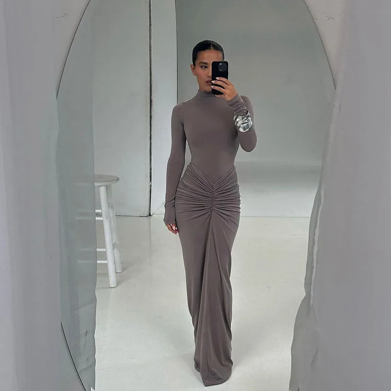 

Solid Color Turtleneck Ruched Long Sleeve Sllim Fit Maxi dresses Woman Autumn Winter 2024 Wedding Evening Robes For Women