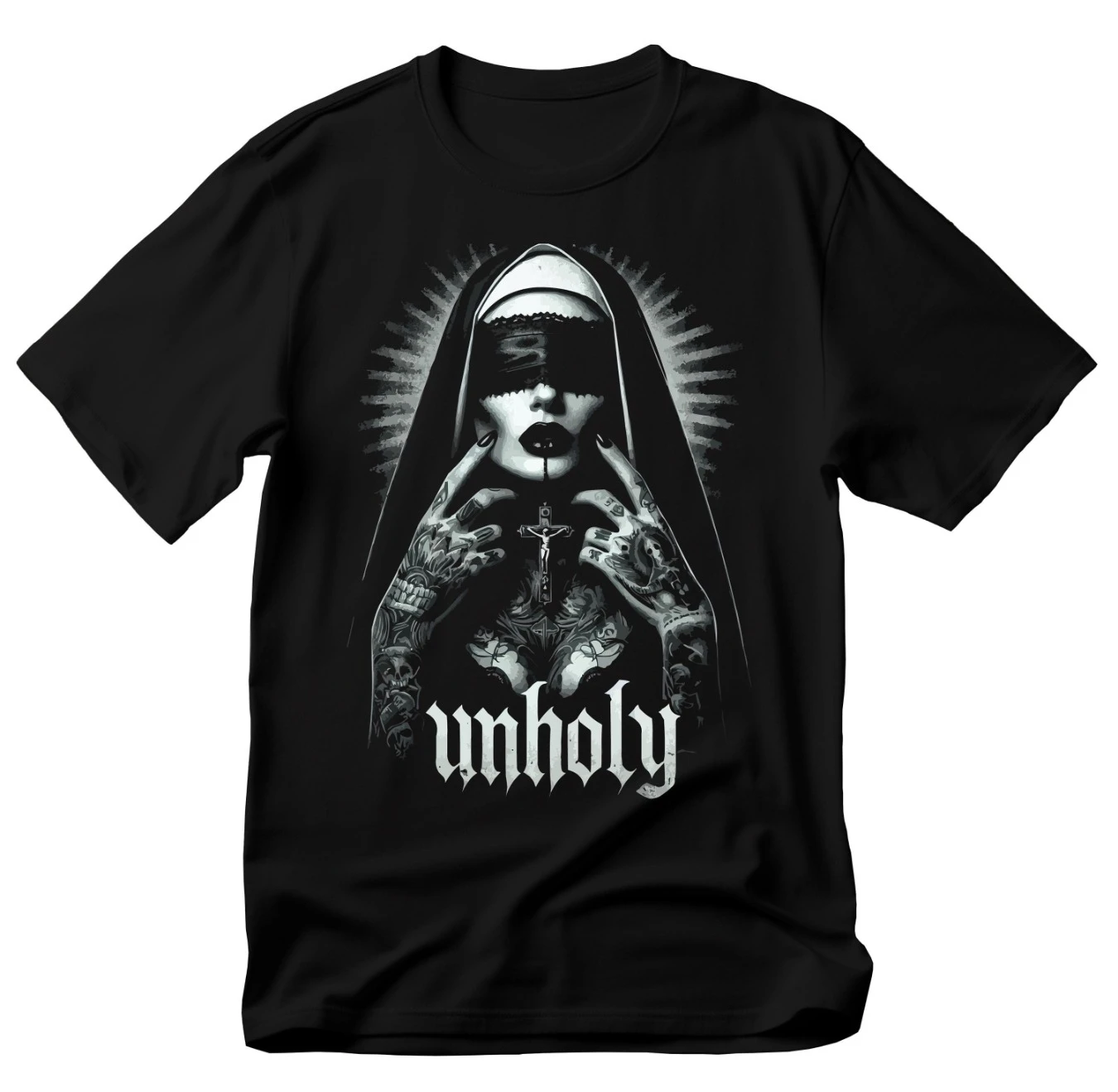 UNHOLY Tattooed Nun With Cross Necklace Graphic Black Print T-Shirt Gothic Sweatshirt  Hoodie Y2K Summer Oversized Man