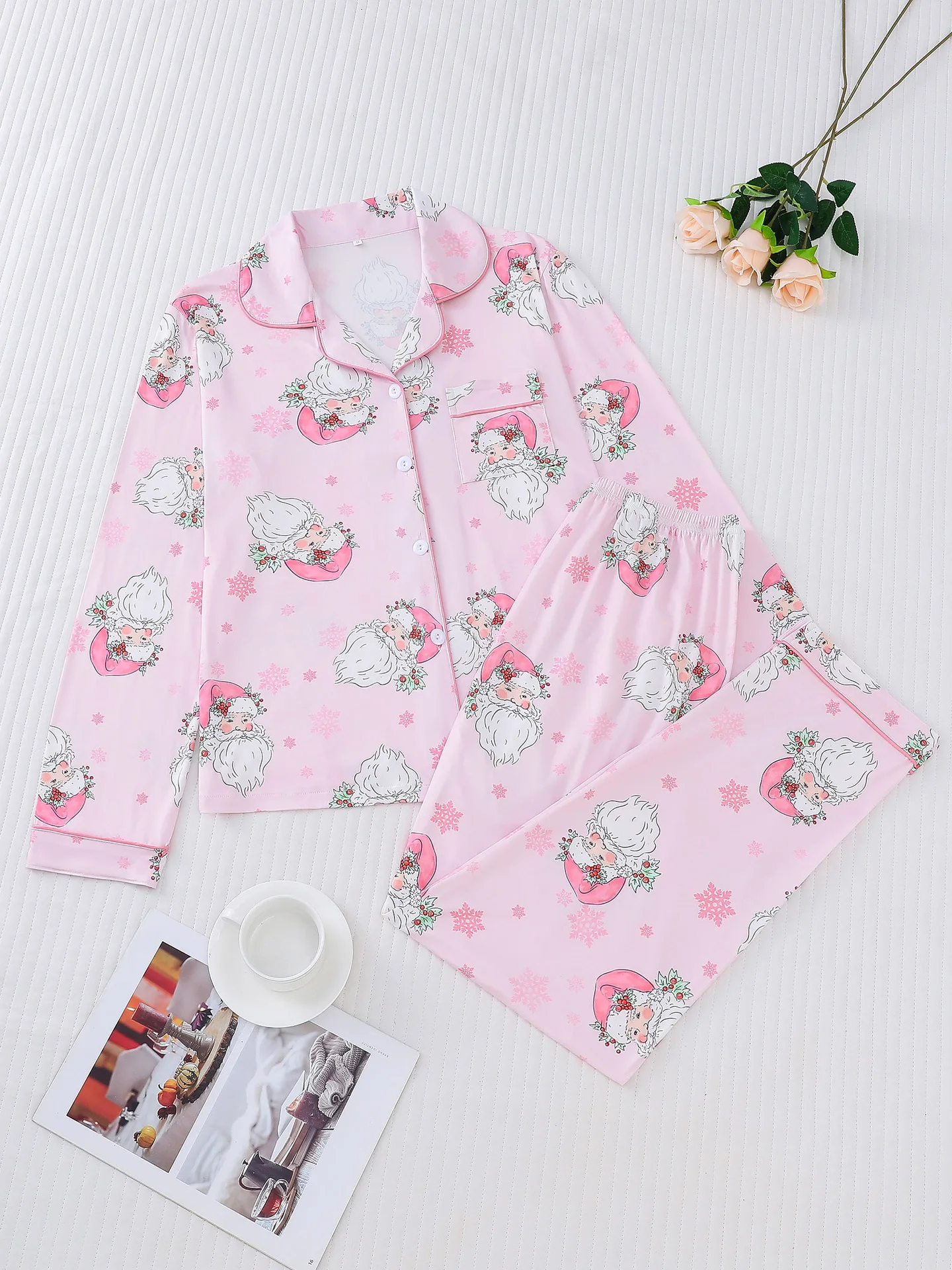 Ensemble pyjama père noël pour femmes, chemise de nuit rose, manches longues, hauts et pantalons, vêtements de maison, vêtements de nuit pour fête de noël, automne