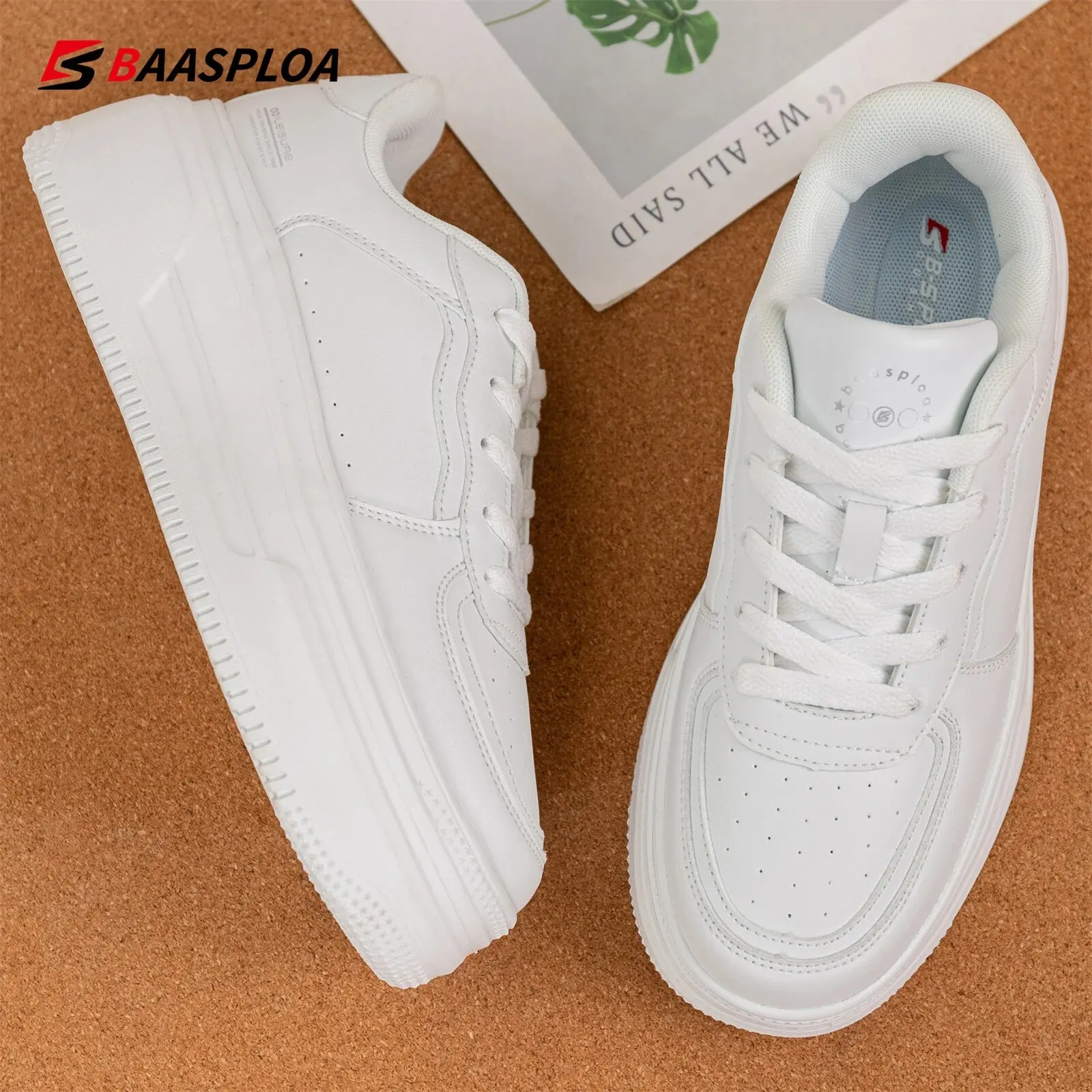 Baasploa tênis plataforma feminino moda couro casual sapatos de sola grossa para mulher conforto branco sapatos de skate antiderrapante