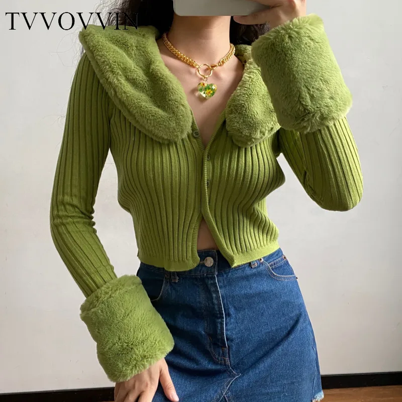 TVVOVVIN moda Trend rimovibile collo di pelliccia di coniglio manica lunga maglione lavorato a maglia sottile Cardigan invernale tinta unita 9NY5