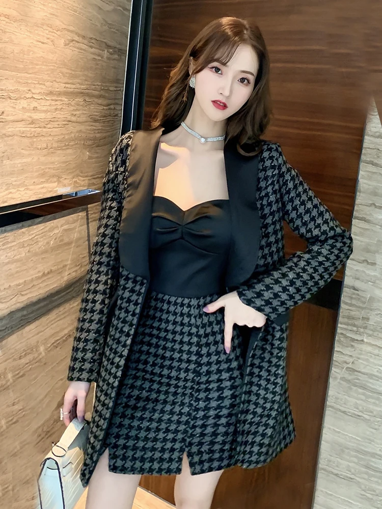 new arrival fashion women temperament black houndstooth bright silk coat and satin patchwork sexy strap dress club two piece set