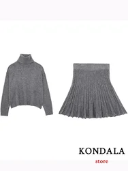 KONDALA Casual Chic Gray Knitted Women Suit Long Sleeve Turtleneck Sweaters Straight Mini Skirt Fashion 2023 Autumn Winter Sets