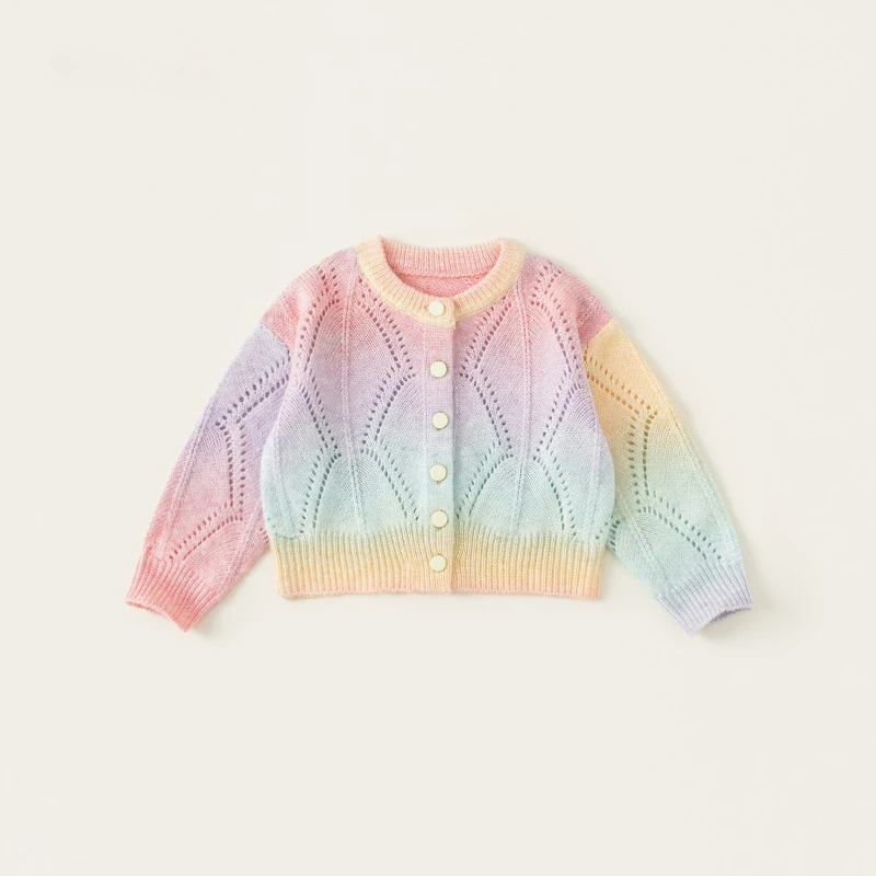 

2025 Winter Children's Round Neck Hollow Color Gradient Thick and Warm Cute Style Sweater Jacket