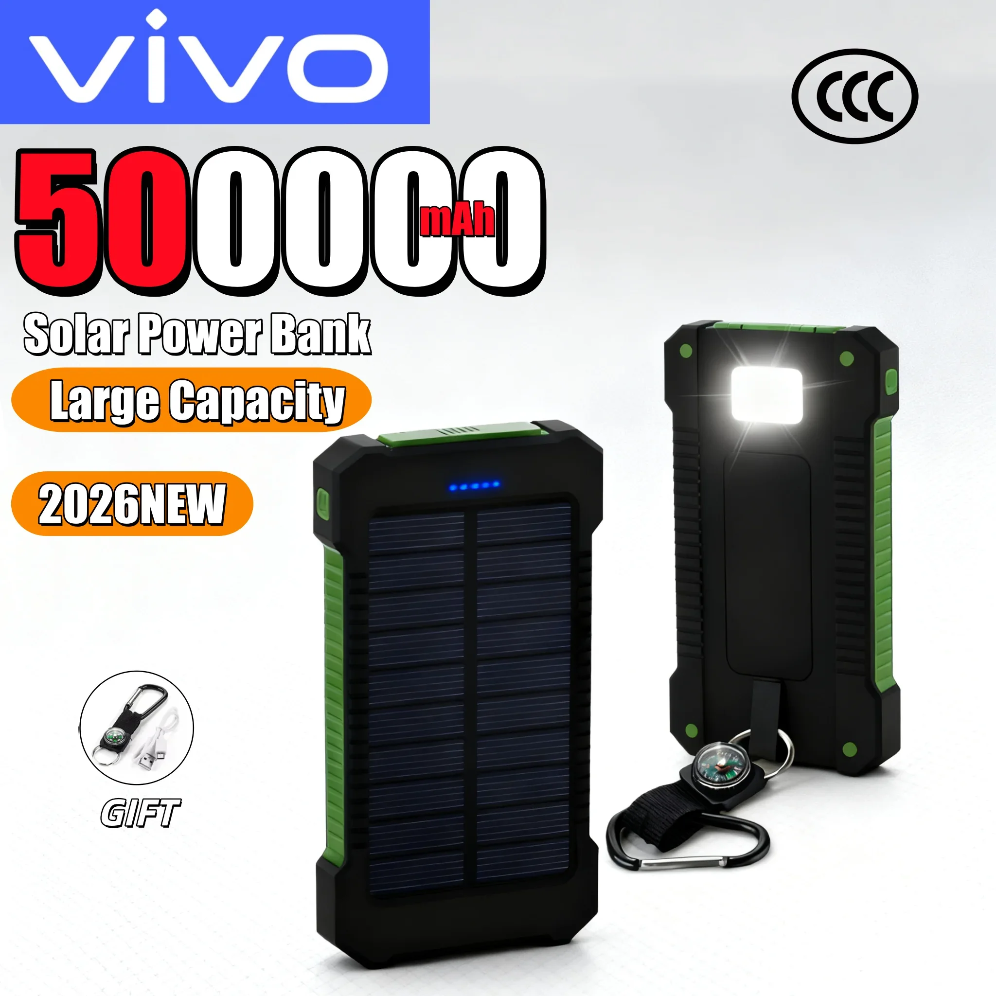 

VIVO 500000 мАч аккумулятор на солнечной батарее большой емкости с быстрой зарядкой и фонариком SOS для iPhone Huawei Samsung 2026 НОВЫЙ