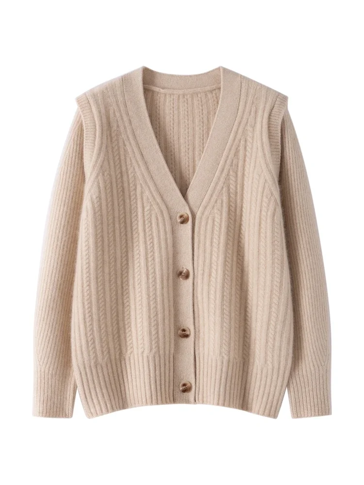 

Новый шикарный женский свитер из 100% кашемира, кардиган с v-образным вырезом, вязаный кабель в консервативном стиле, кашемировый трикотаж, осенне-зимнее удобное пальто, топы