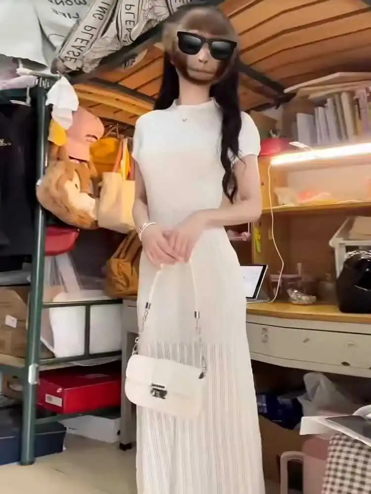 T-shirt tricoté blanc Dr minceur enveloppant autour de la jupe longue coréenne Sle taille haute mélange de Polyester ort Sve été Dr