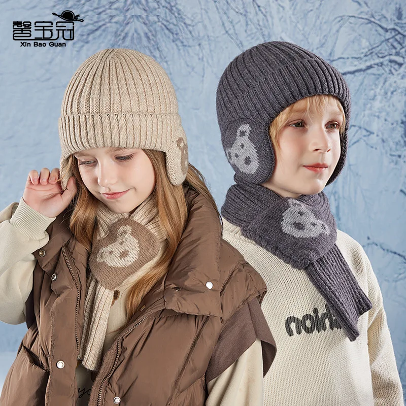 Cartoon Bear Scarf Two Piece Set Winter Warmth Hoodie Men's and Girls' Ear Protection Knitted Wool Hat