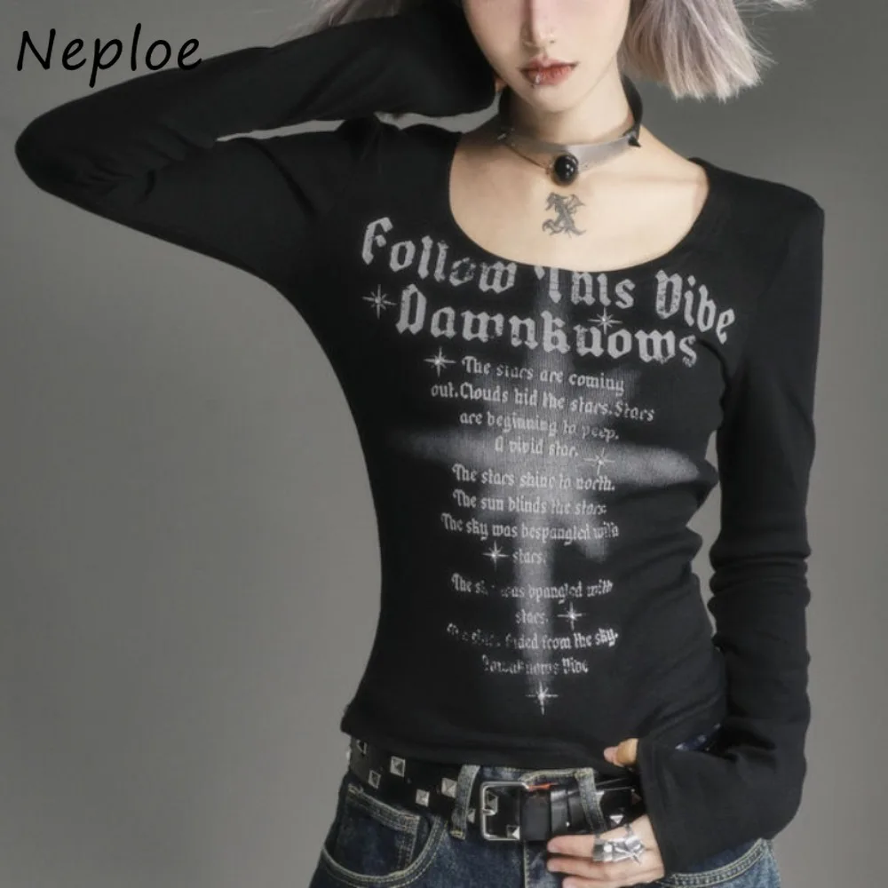 Neploe Minority Print Loose All-match Ropa Mujer American Casual U Neck Long Sleeve T-shirt Sweet Spicy Slim Letter Undershirt