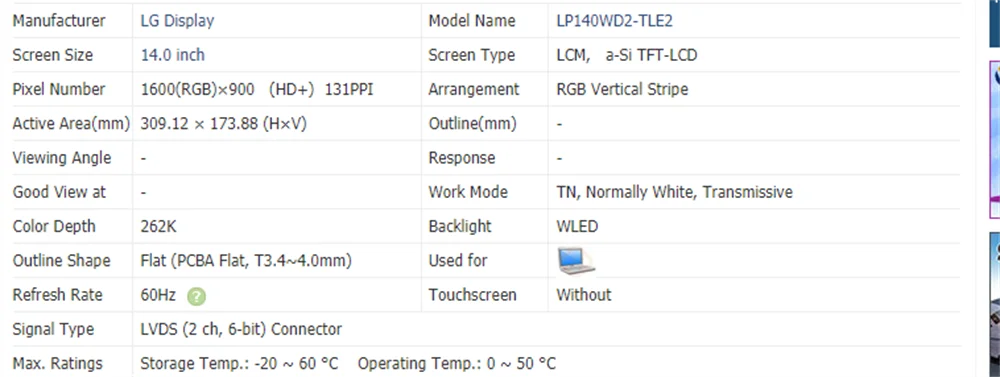 LP140WD2-TLE2 14 Inch HD LCD Screen Panel 1600*900 40Pins Non Touch 60Hz