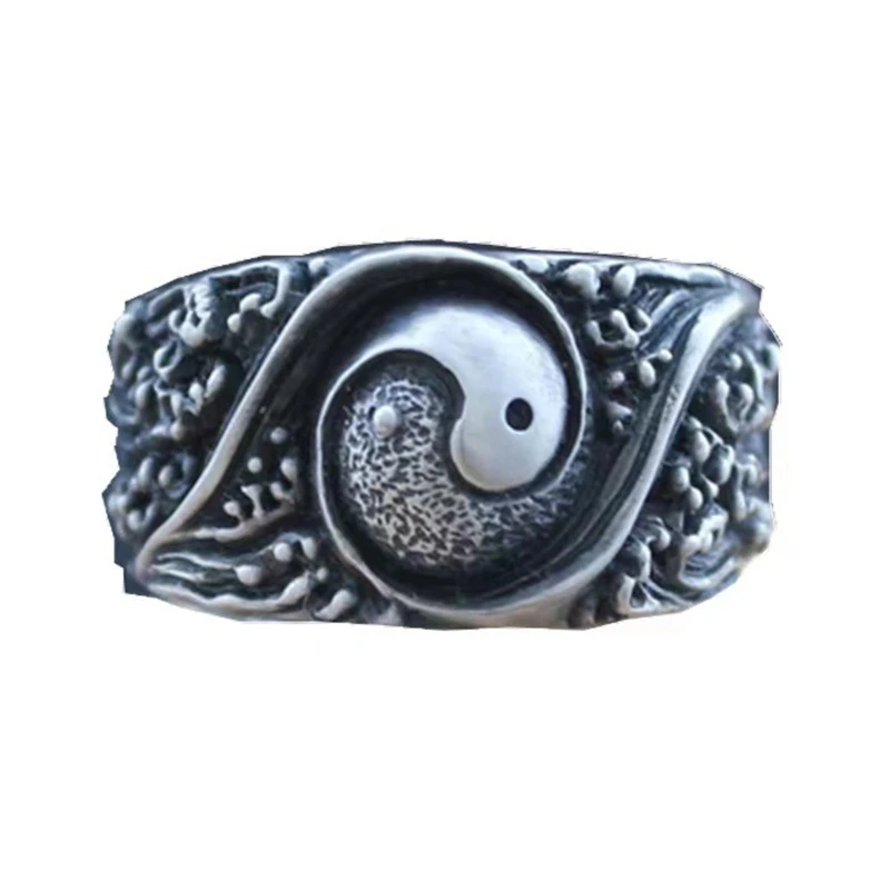 Tai Chi Ancient Silver Ring Thai Silver Ring Feng Sheng Shui Qi Transfer Ring Yin Yang Taoist Ring Fashion Jewelry