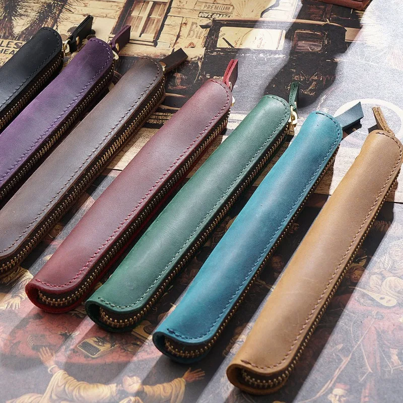 ซองใส่ปากกาหนังวัวแบบมีซิป  กระเป๋าใส่ดินสอขนาดเล็ก ป้องกันรอยขีดข่วน สำหรับนักเรียน นักศึกษา ใช้ในชีวิตประจำวัน ใส่เครื่องเขียน