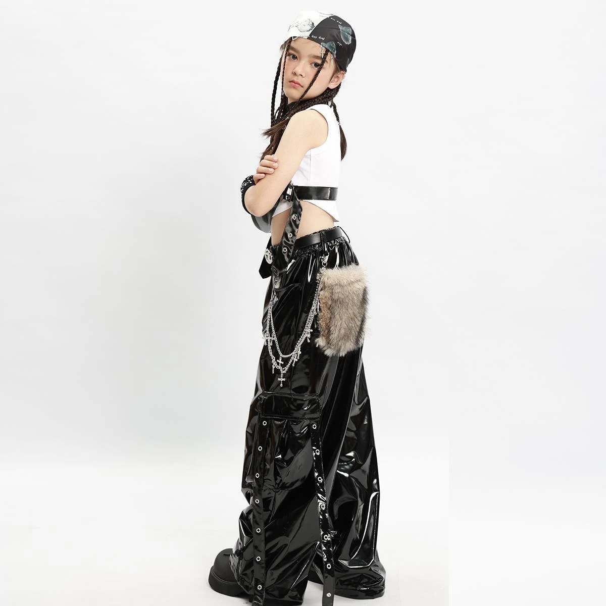 Dziecięcy strój sceniczny Kpop Kids Cool Hip Hop Clothing Girls Black Leather Top Pants Jazz Dance Costume StreeT Wear XS8985
