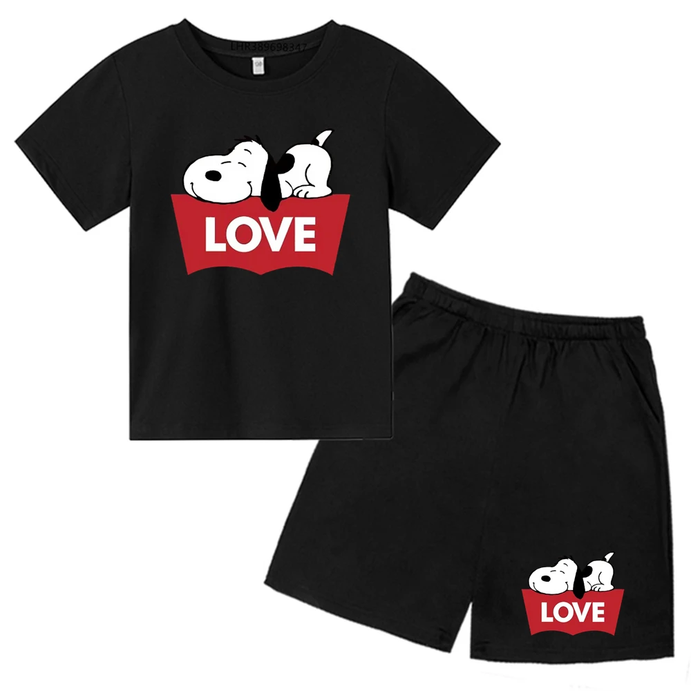 Black Summer Clothes Stylish Snoopy Party T-Shirts+shorts Set Girls Boys Round Neck Cotton TShirts Cute Short Sleeve Tee Shirt