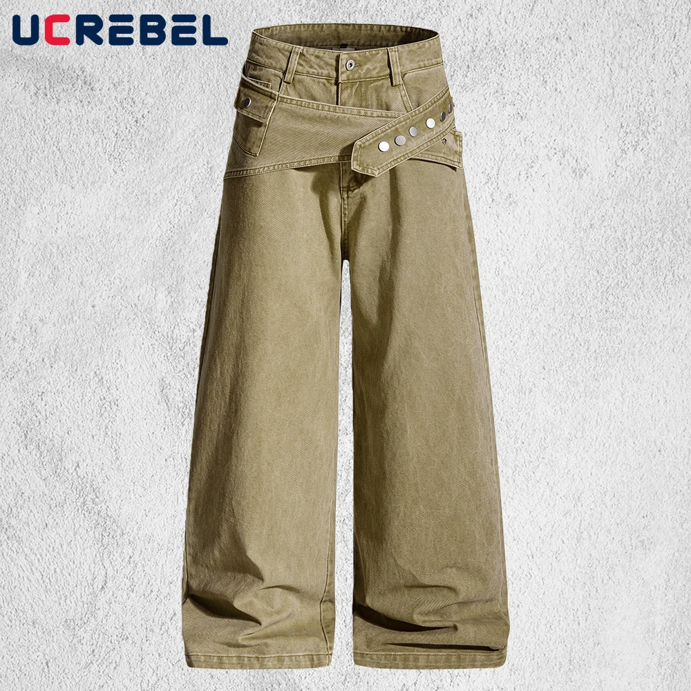 

Мужские джинсы-карго в стиле ретро с поясом, потертые потертые уличные прямые широкие мешковатые джинсовые брюки для мужчин