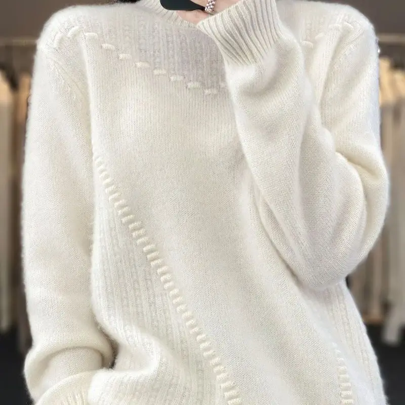 

Thickened Pure Wool Knitted Sweater Women's Overhead Loose Lazy Top Winter New Style Bottoming Shirt Half High Collar Full Sleev