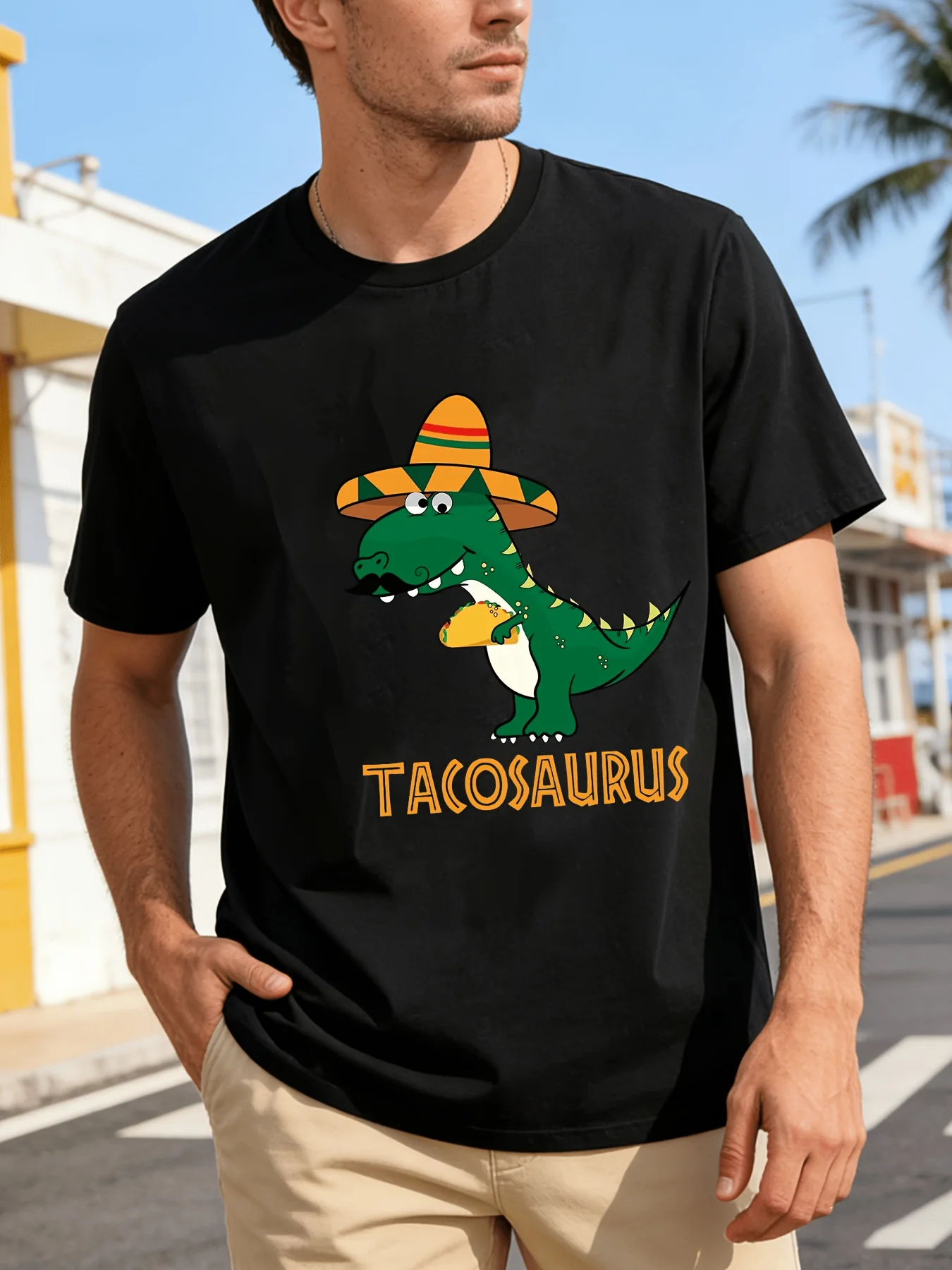 1pc Men's Retro Tacosaurus Graphic T-Shirt - Black Short Sleeve Casual Tee with Mexican Sombrero & Taco Design, Cinco de Mayo Th