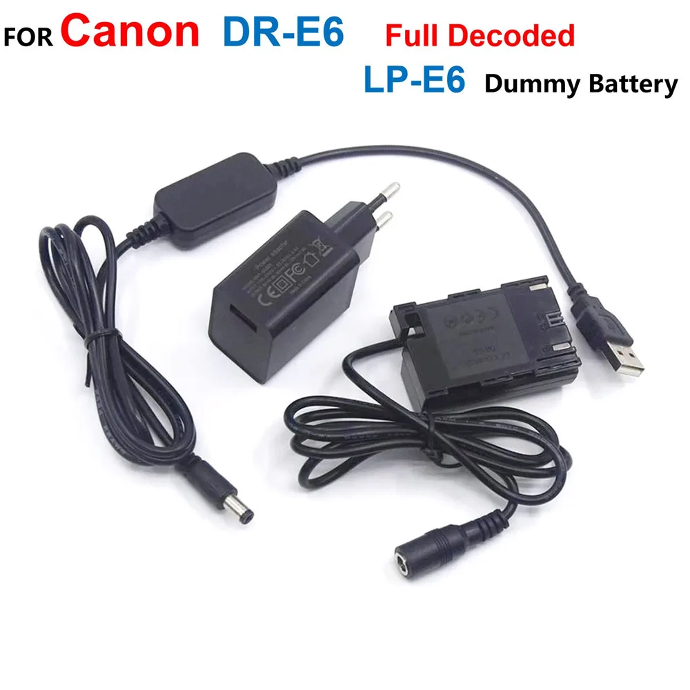 

DR-E6 Full Decoded Coupler LP-E6 Fake Battery+Charger+USB Power Cable For Canon EOS 60D 70D 80D 90D R5 R5C R6 7D 5D2 5D3 5D4 5D