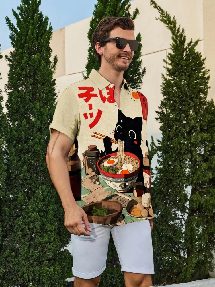 Men's Japanese Art Black Cat Eats Ramen Print Short Sleeve Shirt Tops Fashion Summer Men Button Down Lapel Collar Tunics Male