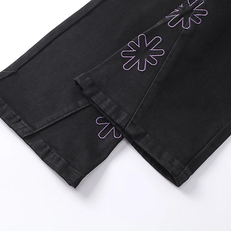 LOSTSHDWS デニムパンツ男性女性ハイウエストスリムフィットマイクロプロジェクタイルボタンフレアパンツ絶妙な刺繍 Lostshdws ジーンズ