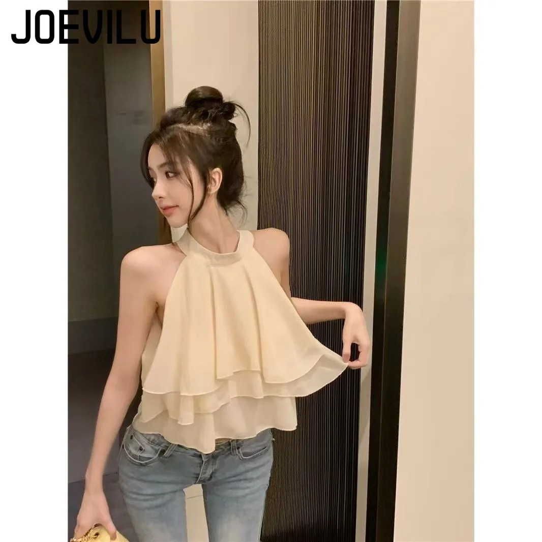 

Sexy Women's Hanging Neck Sleeveless Chiffon Top Camis with personality Summer new loose apricot shirt Short Fashion Suspenders