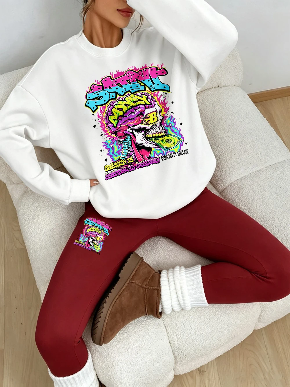 2 Piece Outfit Womens Saint Money Skull Printed Leggings Pant Set Autumn Fleece Thermal Sweatshirt Casual Warm Woman Clothes
