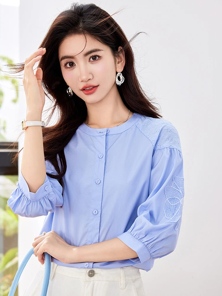 2024 Autumn New Fashion Commuting Single Breasted Blouses Round Neck Long Sleeve Shirt Chic Temperament Tops