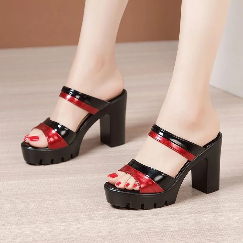 

Size 35-41 High Quality Summer Leather Sandals for Women Slippers High Heel New 2026 Platform Open Toe Elegant Shoe Black Red