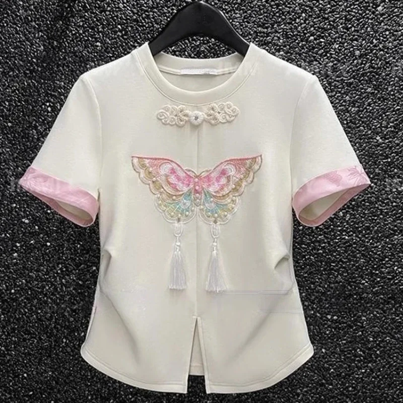 Cotton Chinese Style Women's T-shirt Embroidery Tees Short Sleeve Summer Slim Fit O-necks Clothing Sales Korean Women Tops