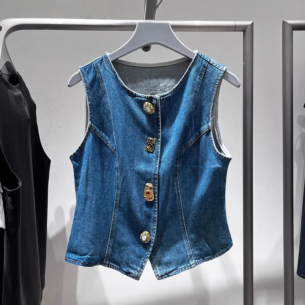 Hot Selling Spring Summer Women's Denim Vest Jacket Vintage Style Waist Tie Sleeveless Top Casual Slim Fit Waistcoat For Women
