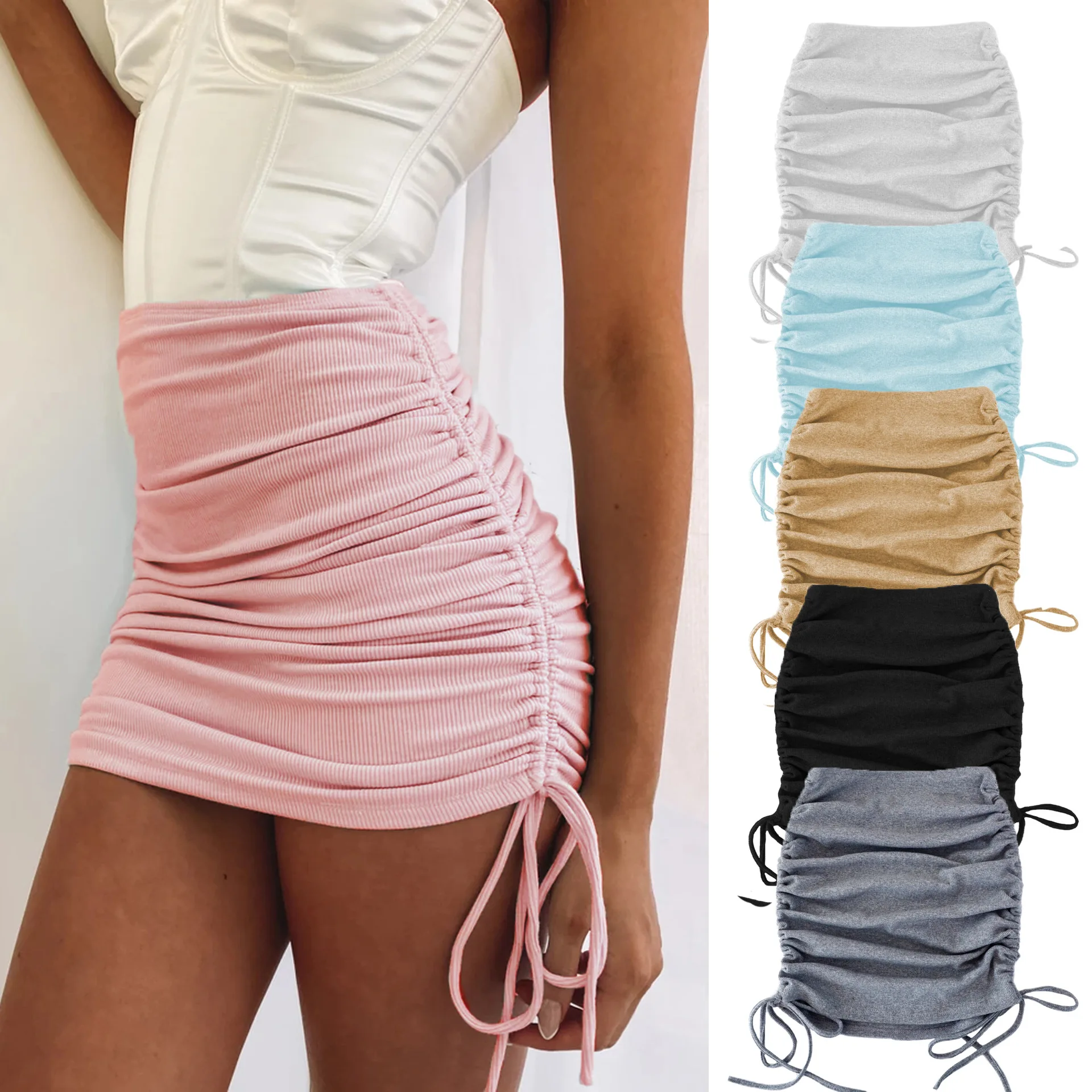 Women Summer Skirts lace-up 2022 Ladies Knitting Thread Side Draw String Elastic Corrugated Sexy Hip Adjustable Casual WSL4321