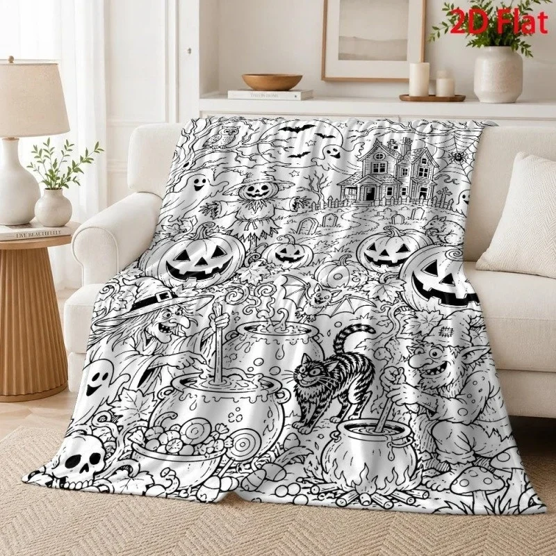 Line Art Halloween Flannel Throw Blanket, Witch Pumpkin Ghost Haunted House Print Soft Blanket for Sofa Bed Holiday Decor