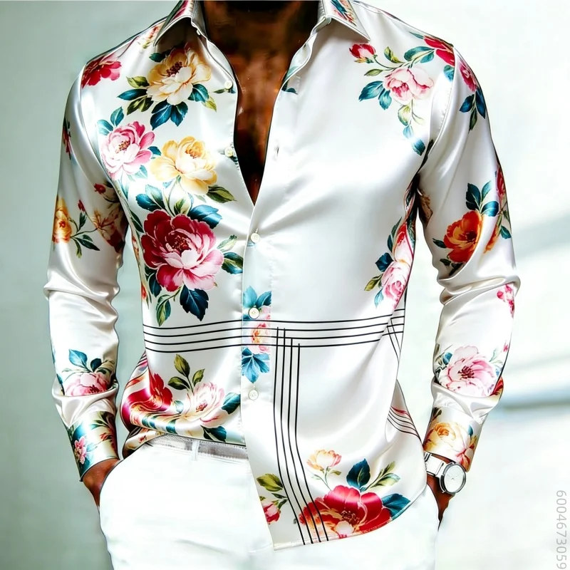 Men's long sleeved shirt with large floral rose print contrasting line design, versatile top for business commuting and travel