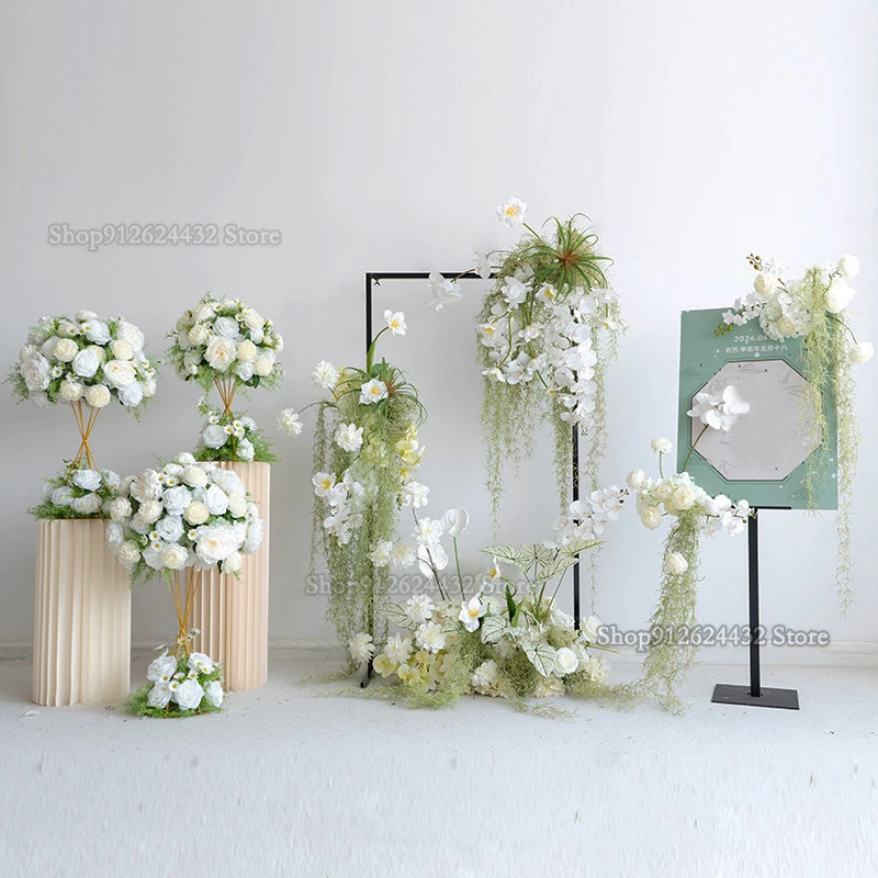 White Artificial Rose Green Leaf Flower Row Wedding Hanging corner Flower Centerpiece Backdrop Wall Deco Table Floral Party Deco