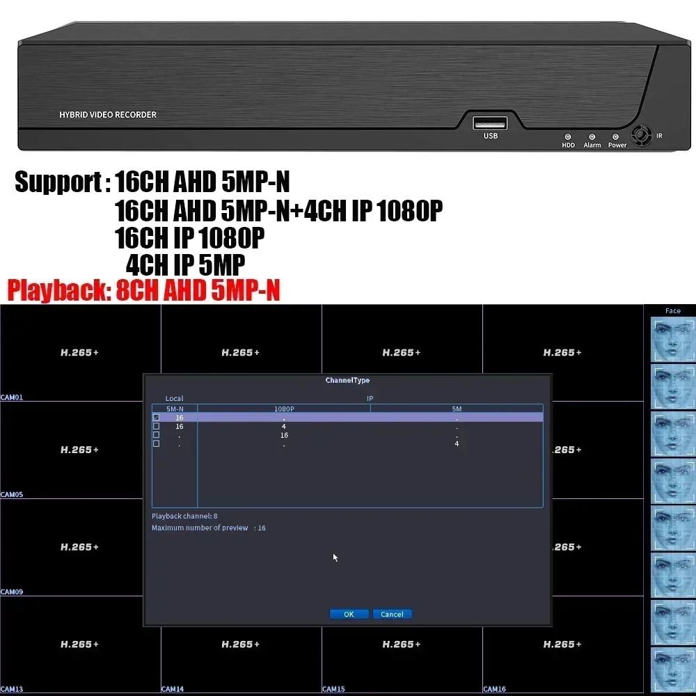 16CH 8CH 4CH 5MP-N AHD DVR AI H.265 Hybrid 5 Megapixel NVR Digital Video Recorder for 2MP 5MP AHD/TVI/CVI/XVI/IP Cameras