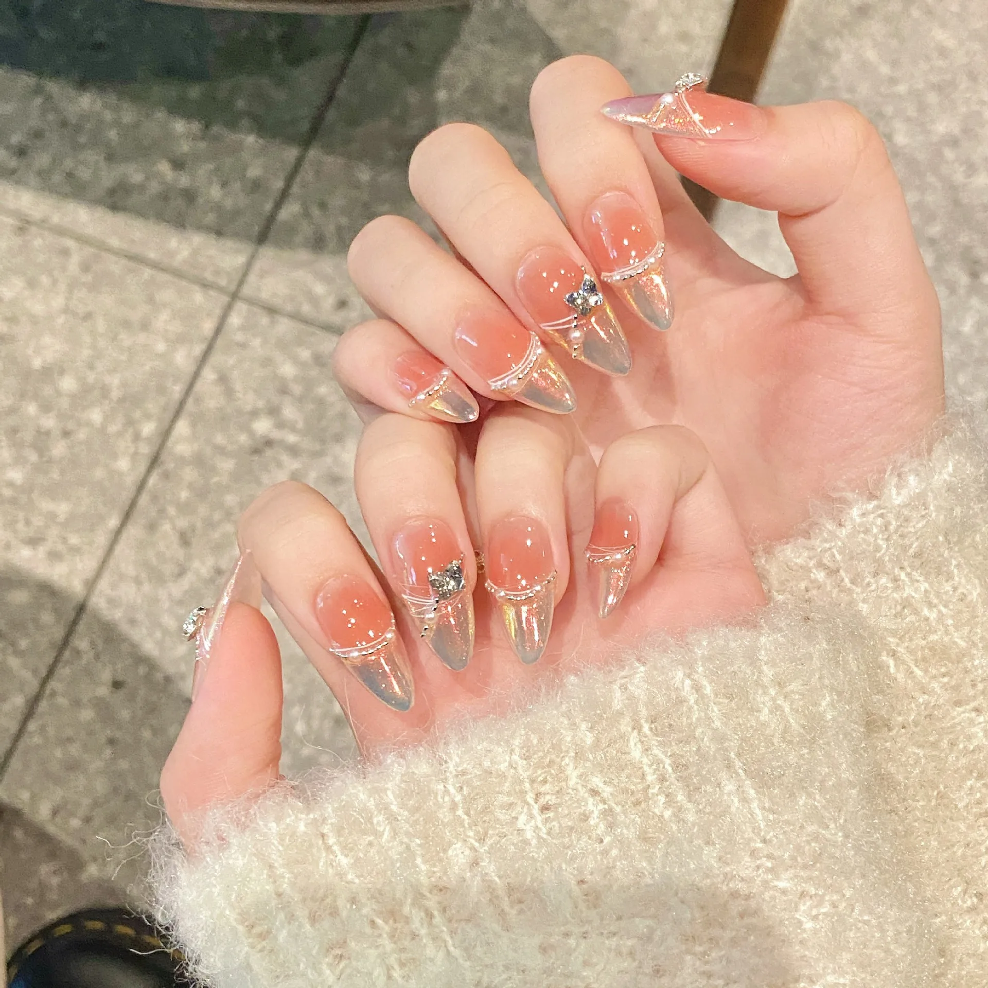 Handmade Press on Nails Aurora Blue French Pearl Crystal Fake Nails Wearable Full Cover Almond Sweet Pink Blush False Nails