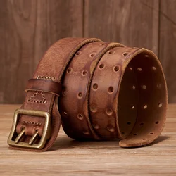 3.8cm raw cowhide belt retro men's wide belt men's cowhide real leather double claw buckle strap jeans belt