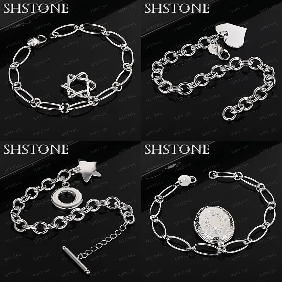 

925 Sterling Silver Solid Heart Star Oval Photo Frame Star Of David Pendant Bracelets Lady Birthday Party Jewelry Accessories