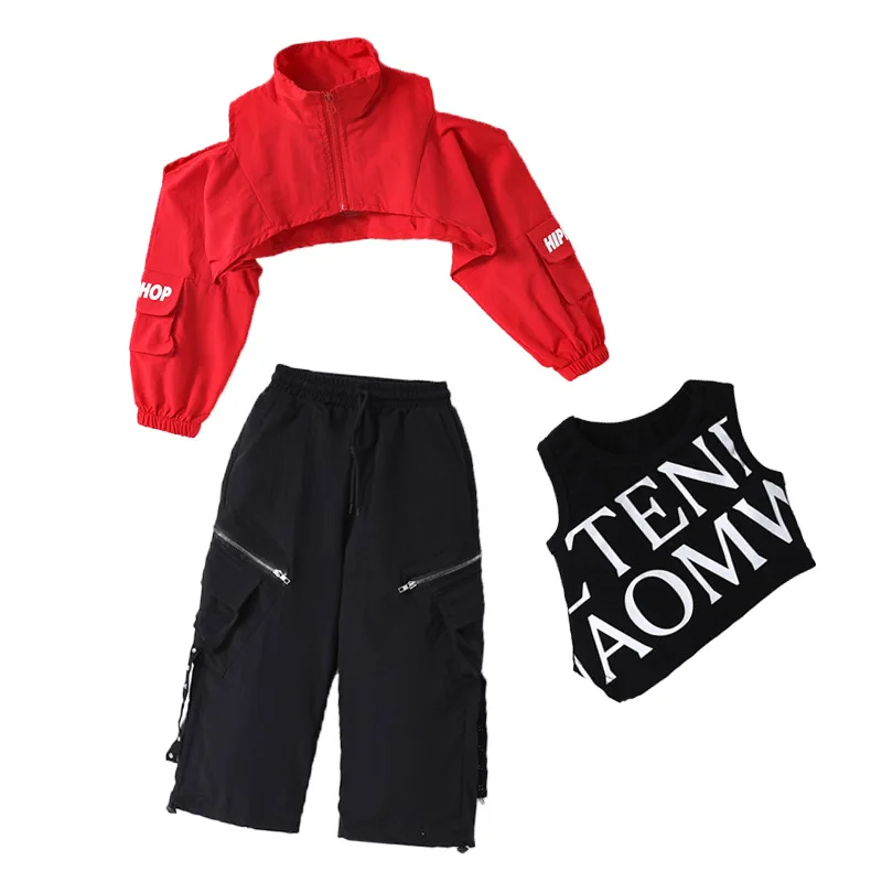 Conjuntos de ropa de baile de Jazz para niñas, trajes de Hip Hop, Tops cortos rojos Kpop, pantalones negros, ropa de calle moderna, ropa para actuación en escenario de grupo