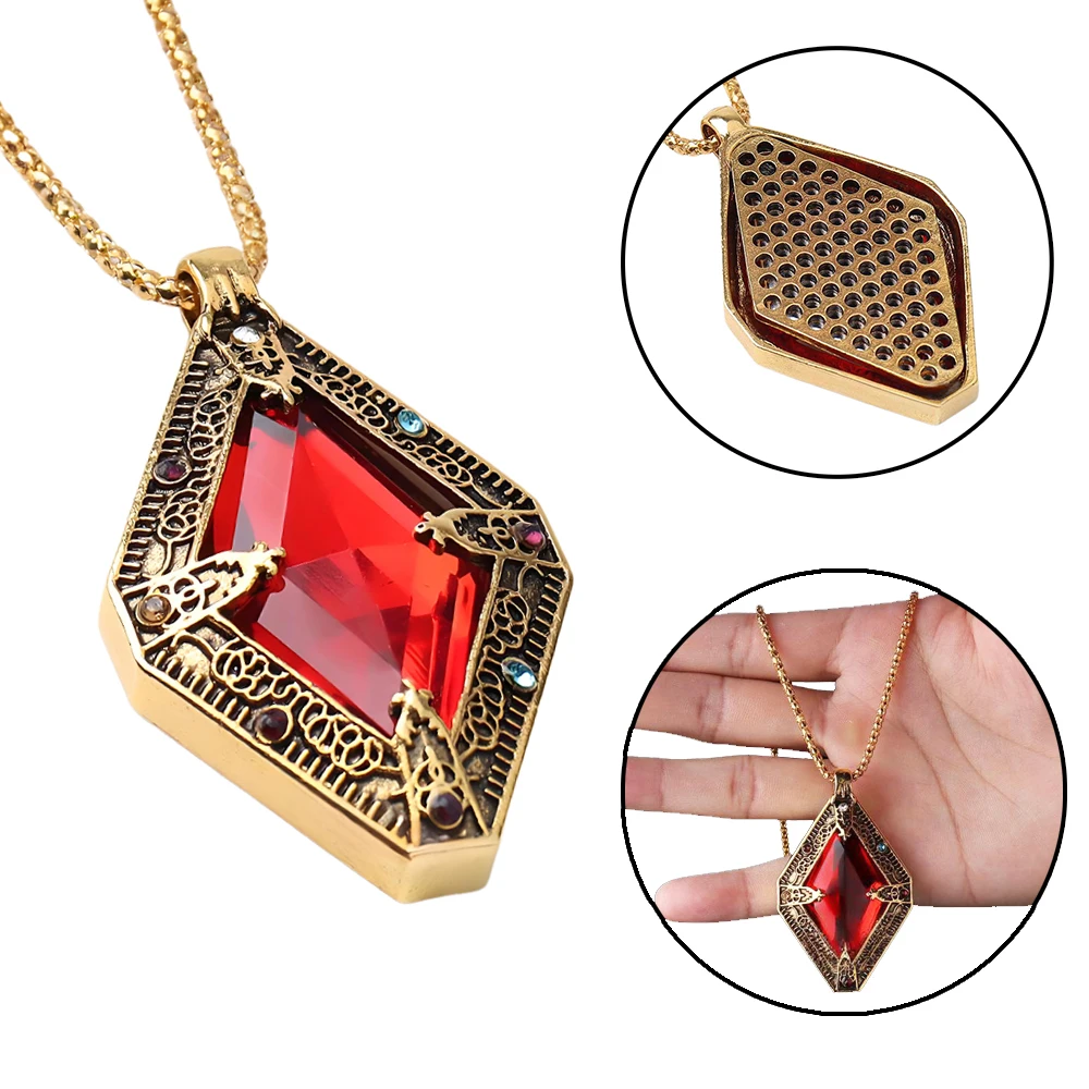 Elder and Scrolls Game Theme Necklace with Retro Red Crystal King Amulet Pendant Neck Chain Anime Punk Jewelry for Men Gamer