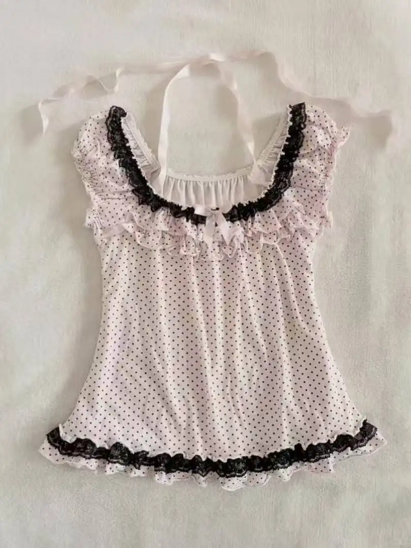 Daily Street Casual Basic Short Sleeve Tops Women Y2k Kawaii Lace Bow Fake Two Piece Slim Elegant Korean Style T Shirt Outfit