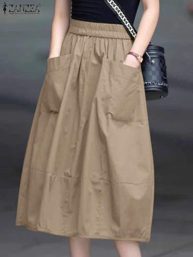 ZANZEA Women Cargo Long Skirt Casual Loose Elastic Waist Midi Skirts Holiday Solid Korean Jupe 2024 Summer Straight Pleats Falda