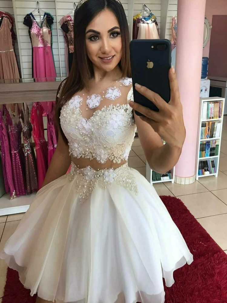 Elegante 2 peças curto a linha do laço vestidos de baile tule na altura do joelho com zíper voltar vestidos de formatura para juniors