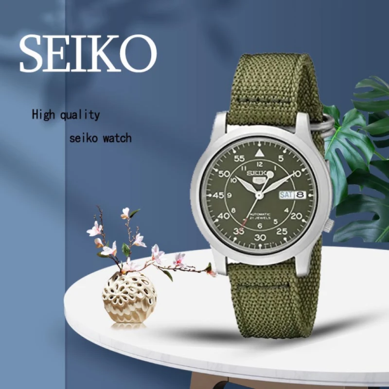 SEIKO High Quality Men Watches SNK805 Top Brand Watch Stainless Steel Fashion with Green Canvas Band Luxuy Wrist-watches