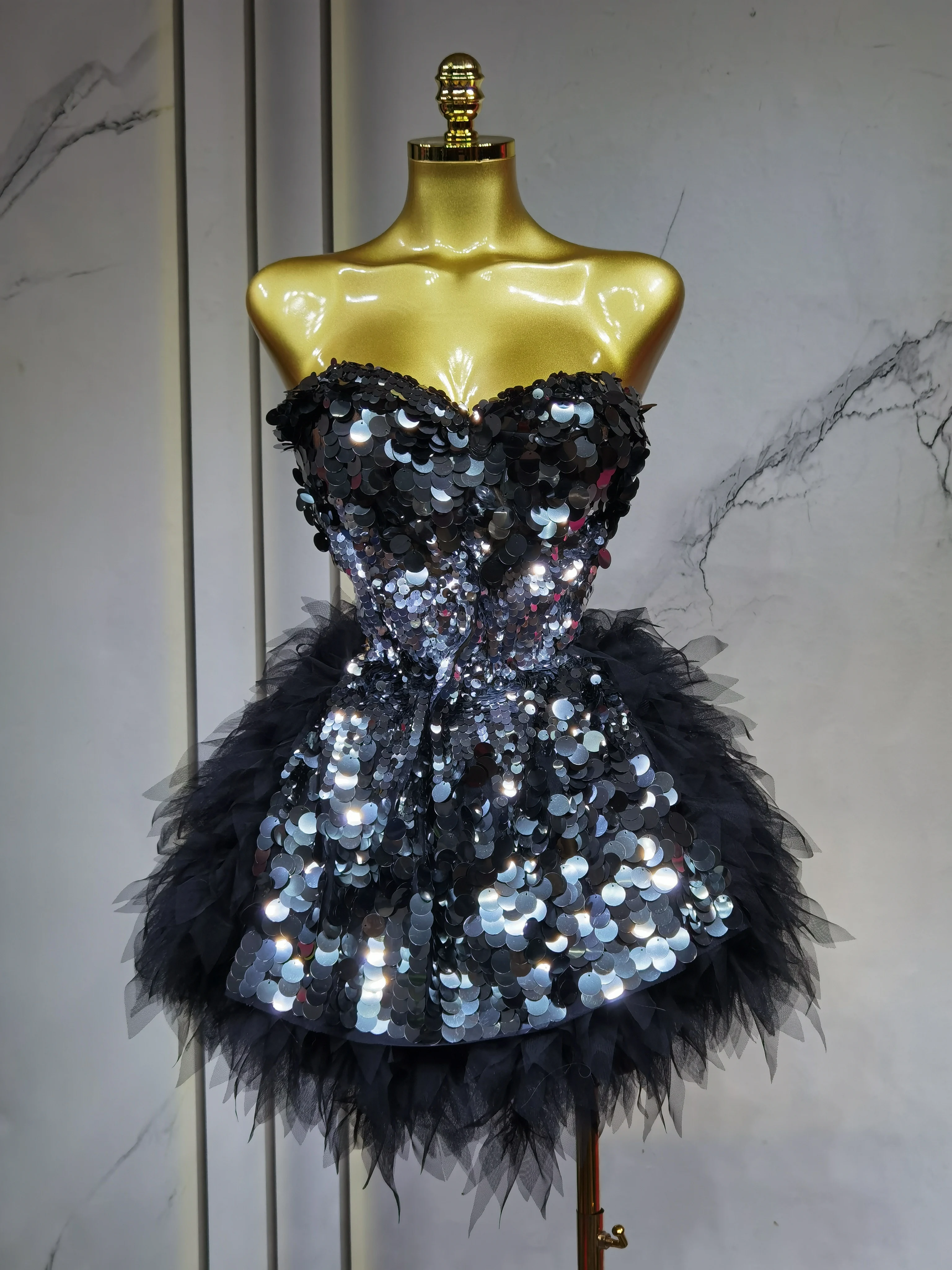 Sparkly Black Sequins Two Pieces Set for Women Party Evening Prom Celebrate Birthday Photo Shoot Dress Nightclub Dance Costume