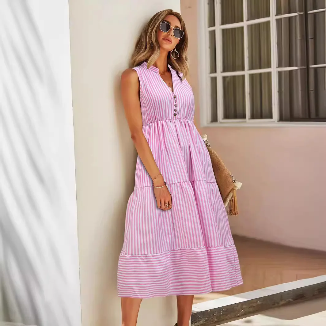 Vintage Boho Summer Midi Dress Women Sleeveless Casual Holiday Striped Shirt Dress Women Sundress Outfits Female Robe Vestidos